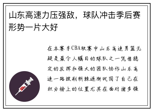 山东高速力压强敌，球队冲击季后赛形势一片大好